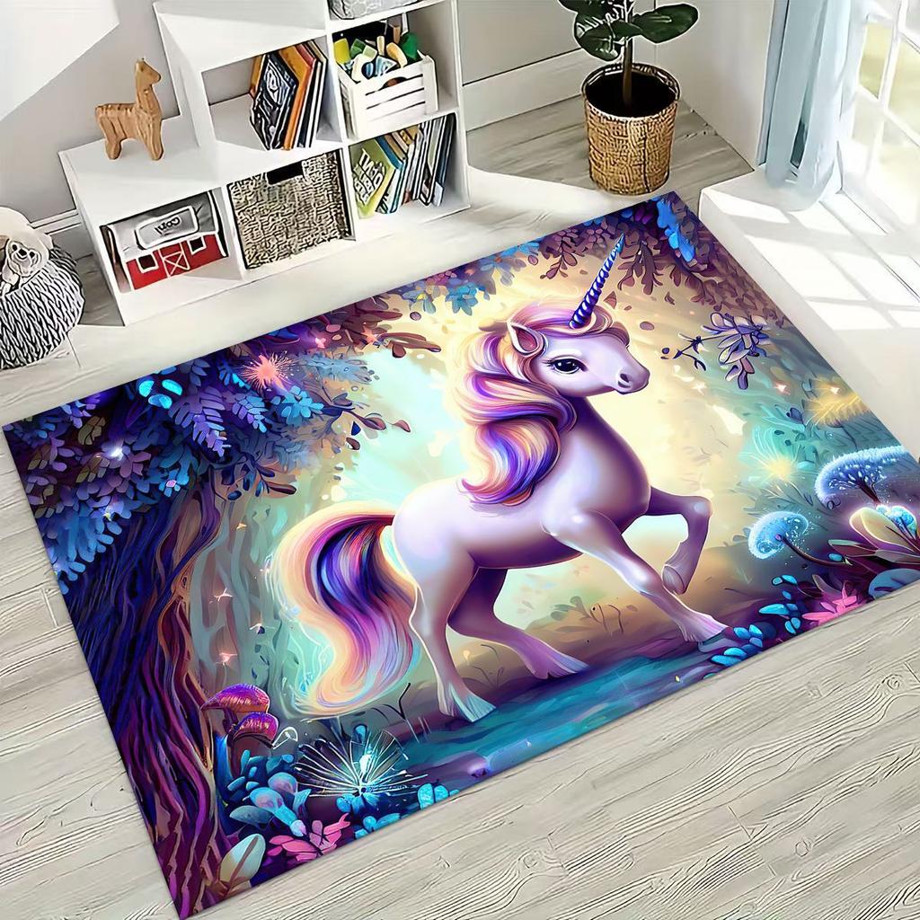 Cartoon Rainbow Unicorn Elves Girl Gift Rug for Bedroom Living Room Sofa Home Doormat Decor, Large Kid Play Non-slip Floor Mat