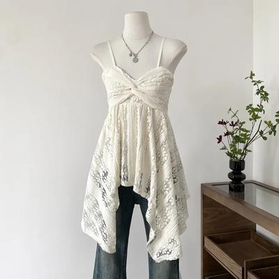 Women's Lace Spaghetti Strap Asymmetrical Hem Blouse Twist Front Elegant Casual Top