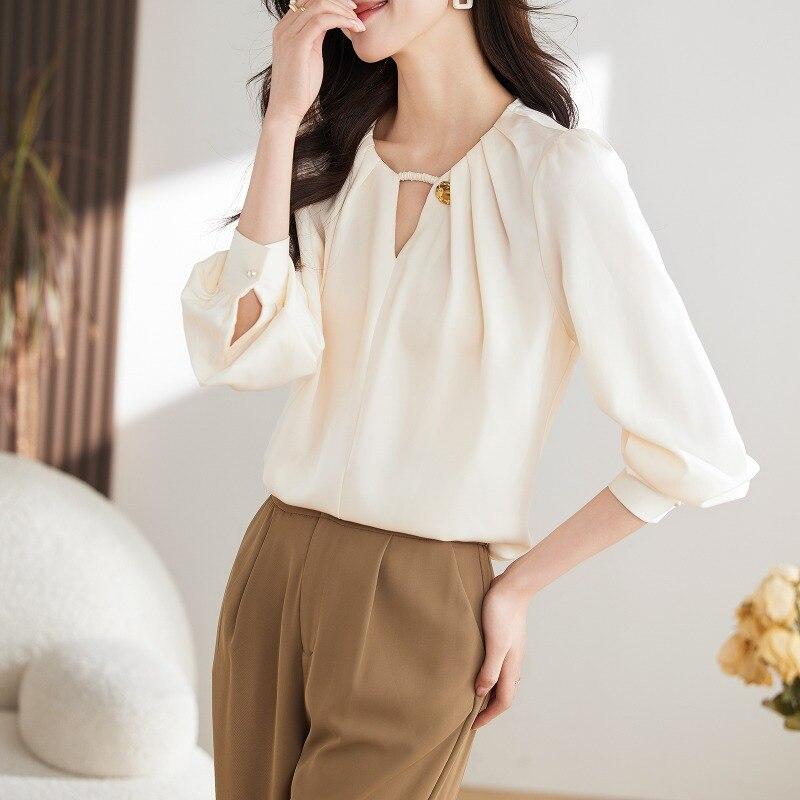 Office Lady Elegant Woman Skjorta Mode Chiffong Dam Blus Långärmad V-hals Kvinna Toppar Bottoming Kvinnliga Kläder 29311
