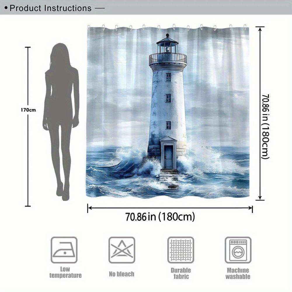 Coastal Lighthouse Shower Curtain Realistic Ocean Scene White Beacon Blue Waters Rugged Sky Polyester Washable with Hooks