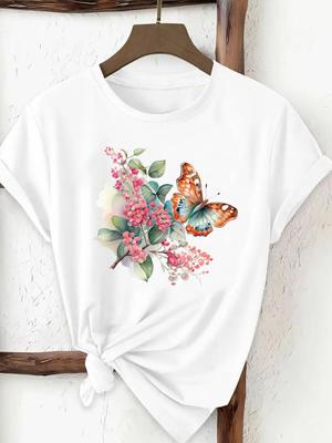 (Asian Size) Butterfly Flower Woman Top Fashion Women Clothing T Shirt Female Short Sleeve Graphic T-shirts Print Tee