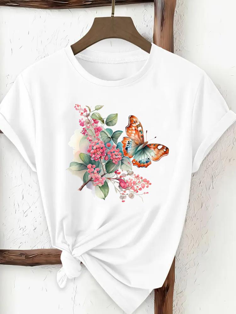 (Asian Size) Woman Top Fashion Women flower watercolor cute Clothing T Shirt Female Short Sleeve Graphic T-shirts Print Tee