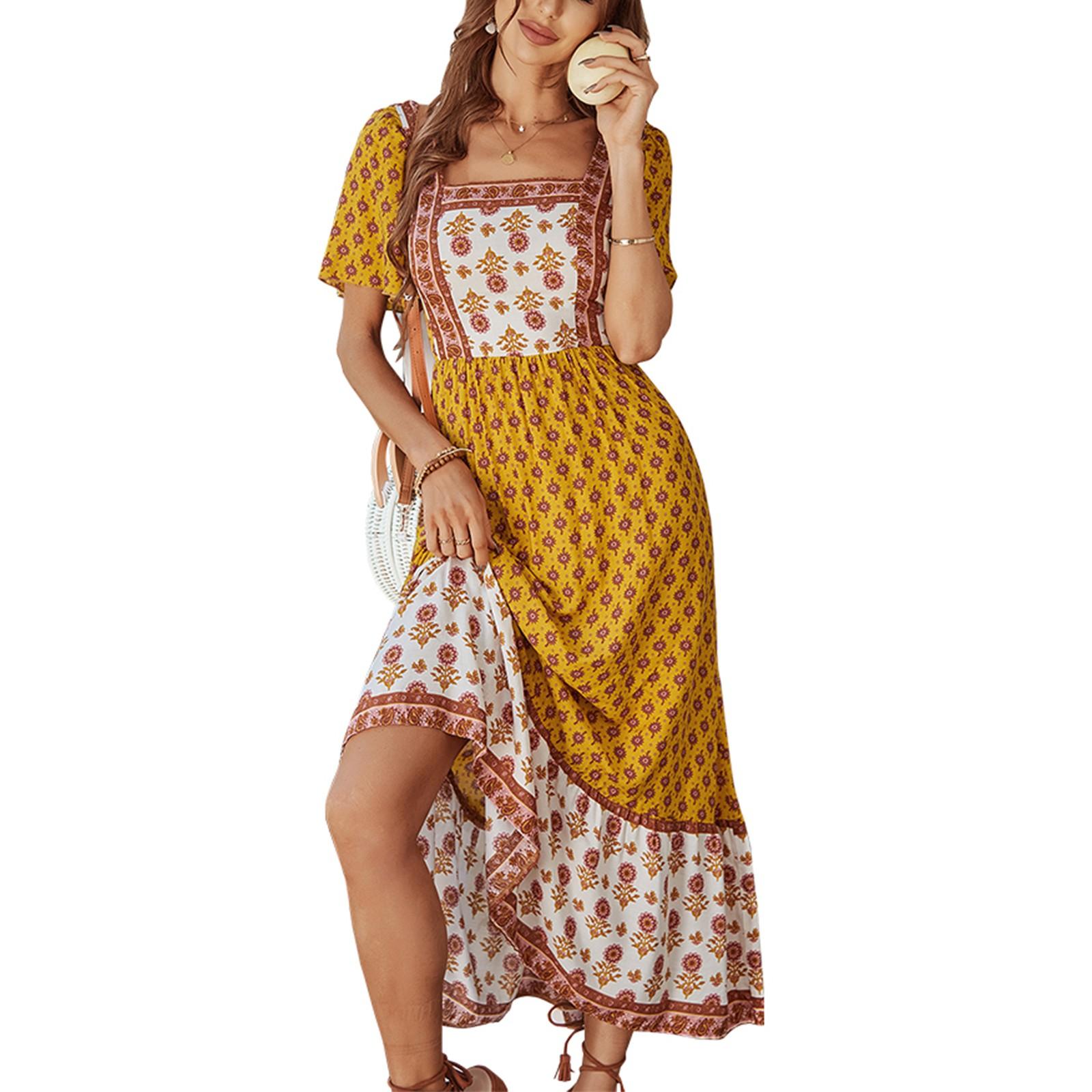

Women s Casual Holiday Vintage Print Short-sleeved Dress XL жовтий