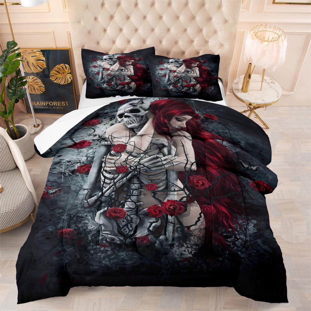 Black Skull Rose Halloween Quilted Comforter Set - 3 Piece