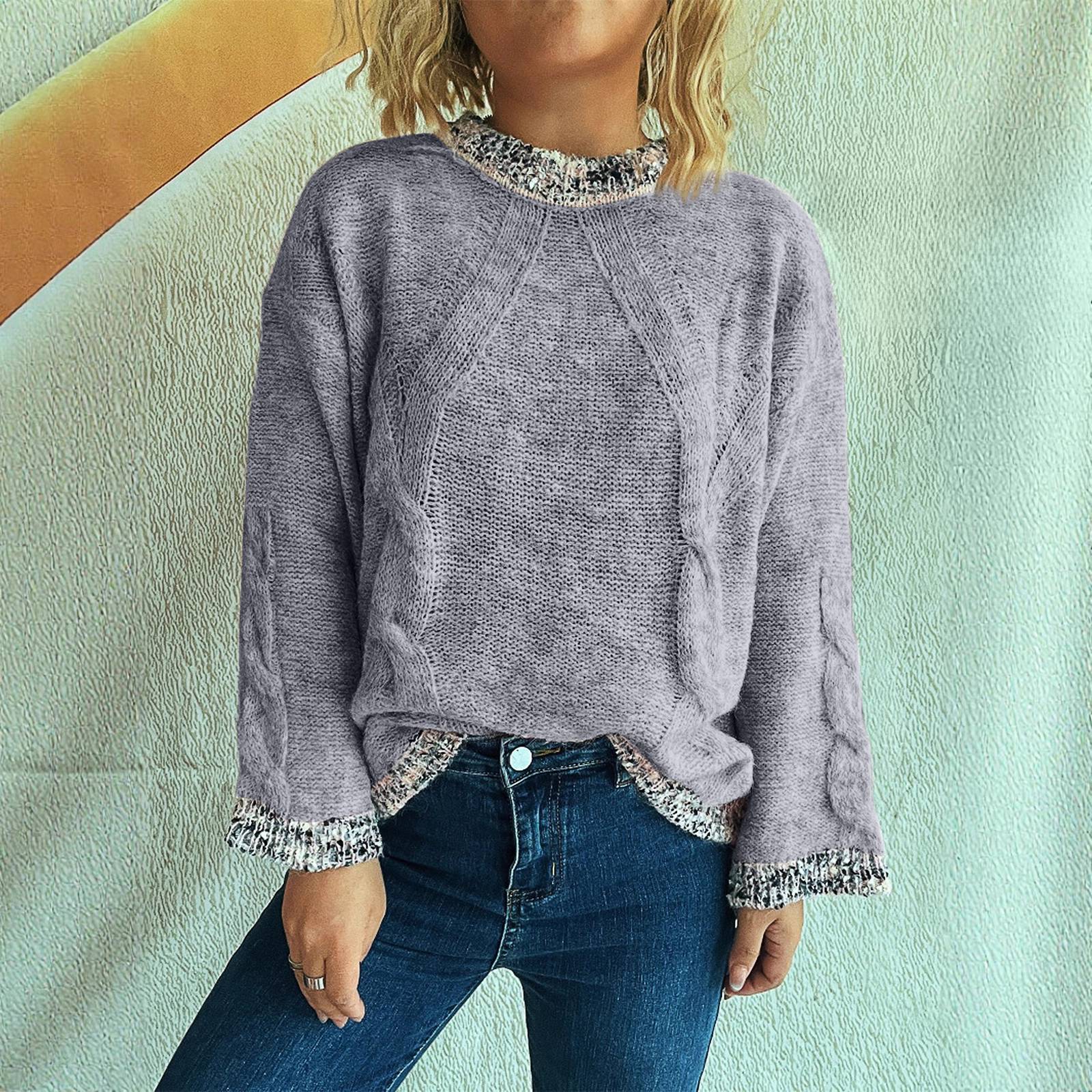 

Women s Spliced Round Neck Knitted Top, Casual Commuting Loose Sweater S