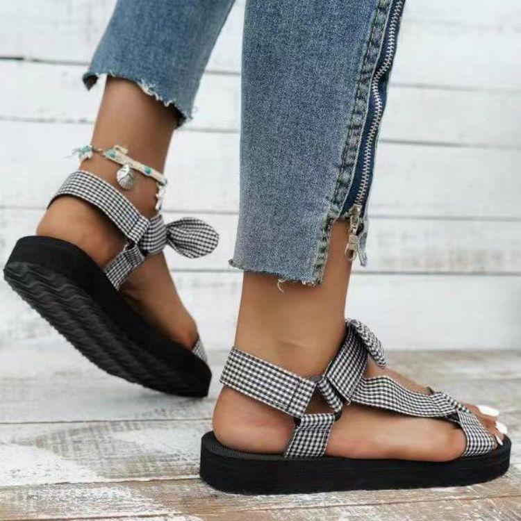 2025 Summer Large Size Beach Shoes Female Velcro Bow Round Head Flat Bottom Leopard Print Sandals Female Elegant Generous Shoes