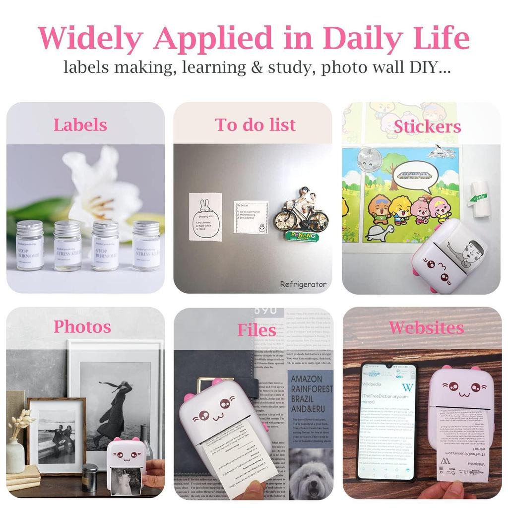 Portable Mini Thermal Printer with 10 Roll Paper Wireless BT 200dpi Photo Label No Ink Printing Memo Error Problem Printing