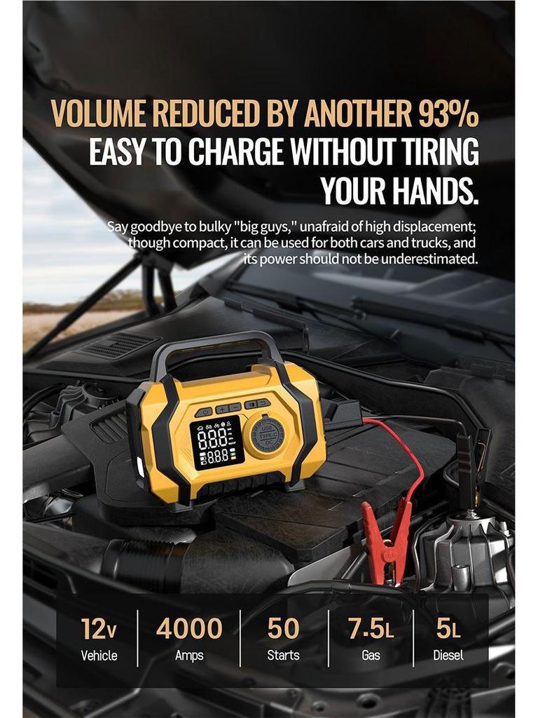 Car Emergency Power Supply & Air Pump with Tire Pressure Gauge – All-in-One Large Capacity Vehicle Starter