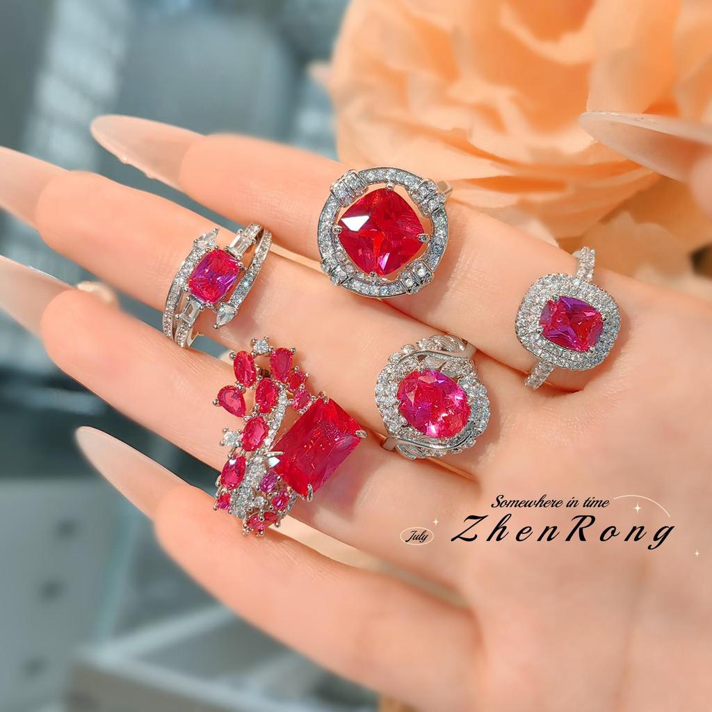 Red Corundum Ring: Light Luxury Niche Design with Simulated Pigeon Blood Red Diamond - Women's Engagement Jewelry