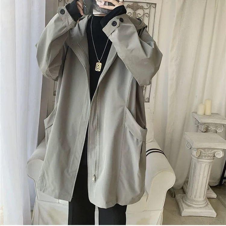 

Осенняя мужская ветровка средней длины с капюшоном, повседневная однотонная куртка для подростков, свободная куртка для студентов 2XL зелёный