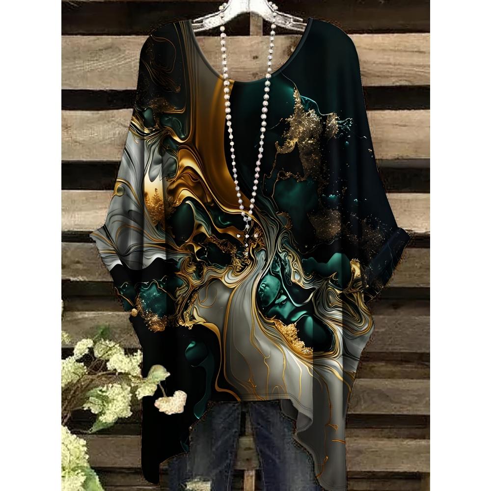 New 2025 T-Shirts for Women Gold Marble Print Versatile Machine Summer Comfort Short Sleeve Washable Bohemian Vintage Clothing