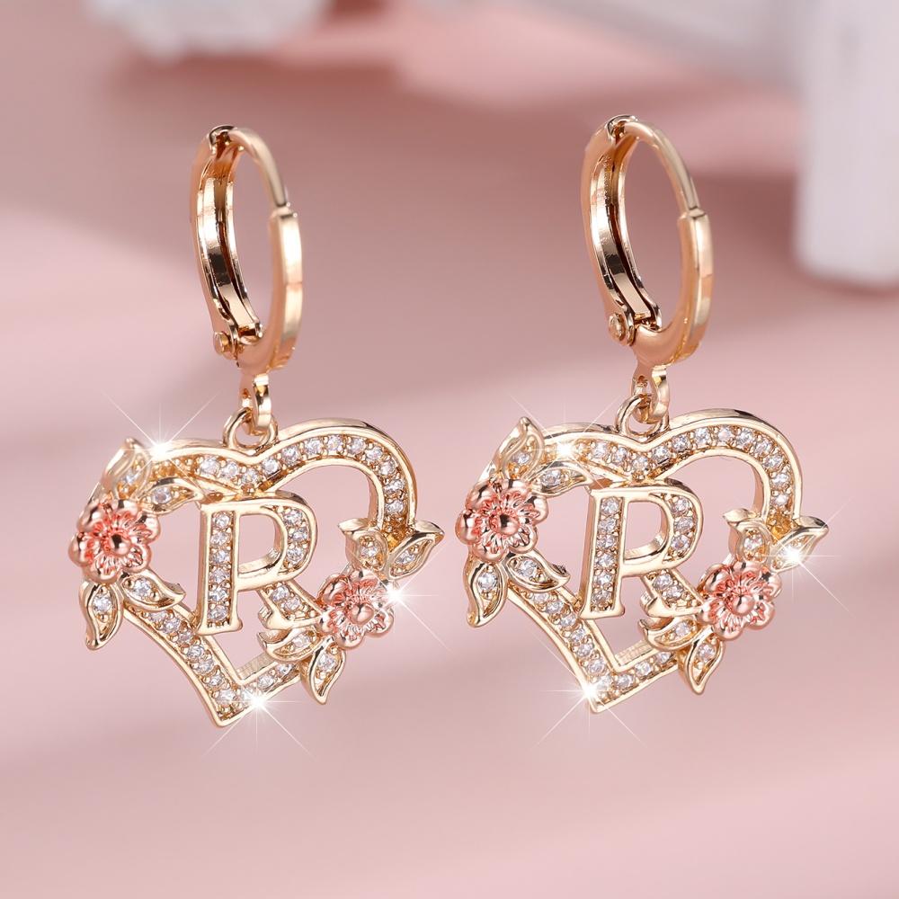A-Z 26 Buchstaben Damen Herz Blume Creolen Vintage Goldfarbe Weiß Zirkon Hochzeits Schmuck Für Frauen
