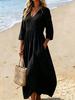 Damen V-Ausschnitt Midi Kleid Lässig Strandurlaub Einfarbig A-Linien Kleid mit Taschen