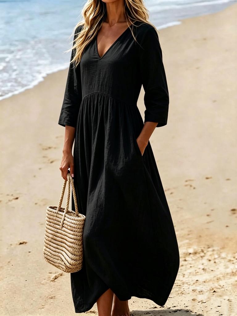 Damen V-Ausschnitt Midi Kleid Lässig Strandurlaub Einfarbig A-Linien Kleid mit Taschen