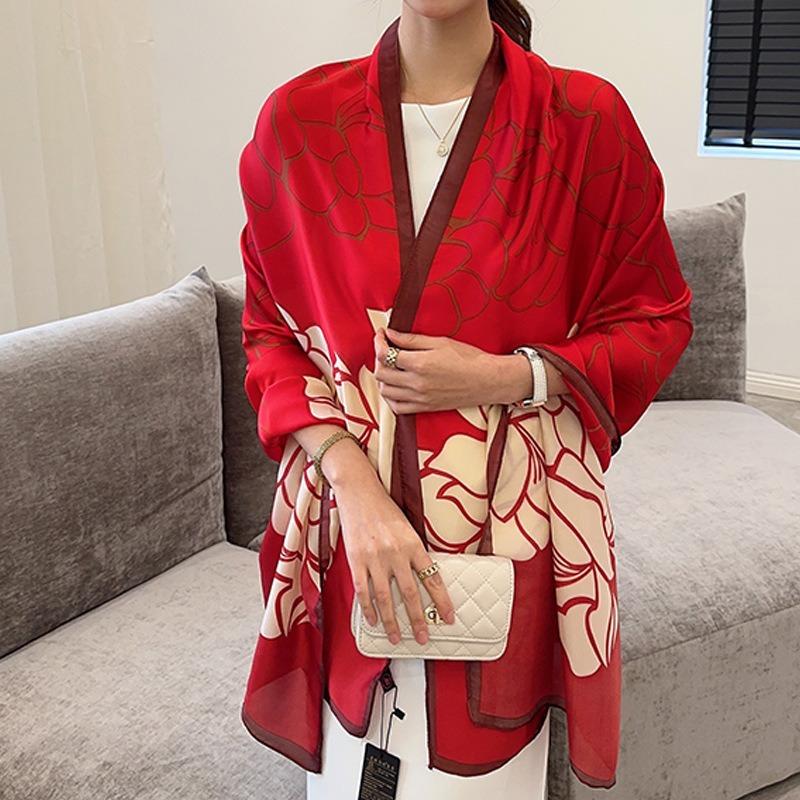 Red Big Flower Luxury Scarf Women's Goods New Silk Scarf Long Large Size Travel Shawl Sun Protection