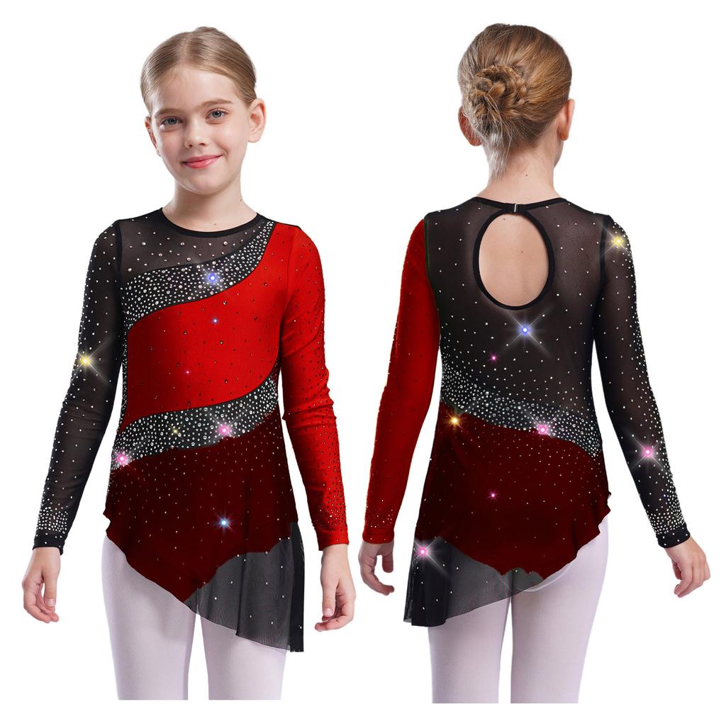 Kids Girls Gymnastics Competition Costume: Sheer Mesh Patchwork Long Sleeve Leotard with Color Block & Sparkling Rhinestones