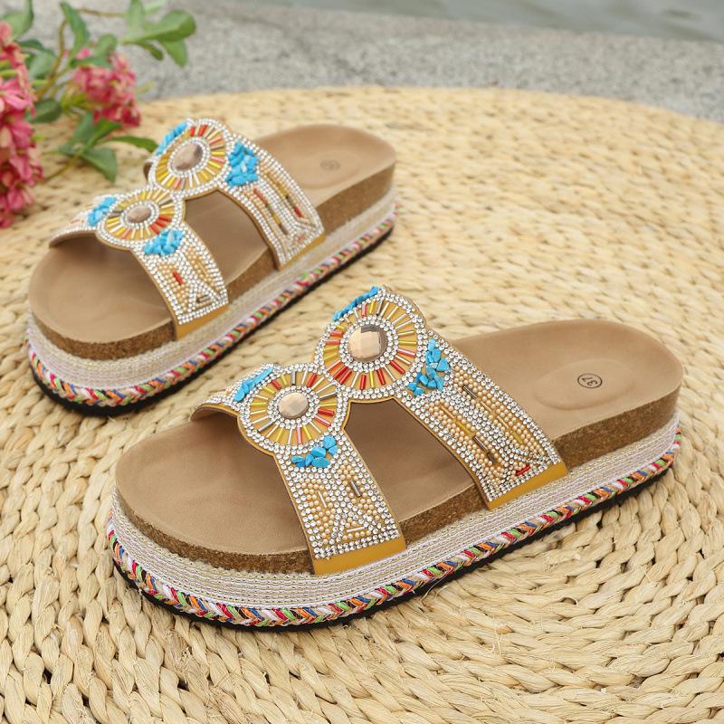 European and American Retro Ethnic Diamond Surface Thick-soled Slippers Double Buckle Large Size Beach Cork Slippers