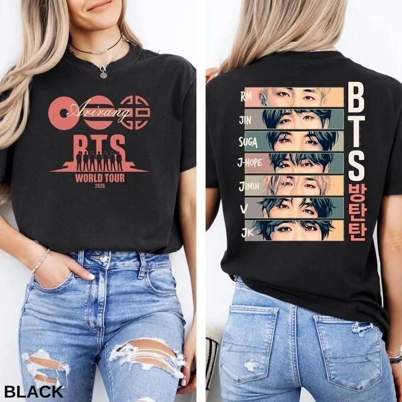 BTS Arirang World Tour 2026 Double Sided Kpop Fan T-shirt Men's Women's Oversized Y2k Streetwear Short Sleeve Comfortable Female Male Clothing
