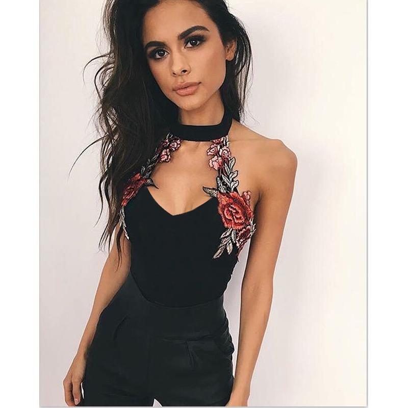 New Sexy Women V Neck Embroidery Bodycon Backless Sleeveless Bandage Bodysuit Jumpsuit Short Romper Tops