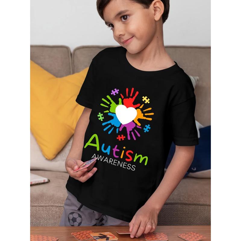 European Size Childrens Autism Awareness T Shirt Suitable for Boys and Girls Puzzle Pieces and Rainbow Handprint Design Short Sleeved Casual Shirt