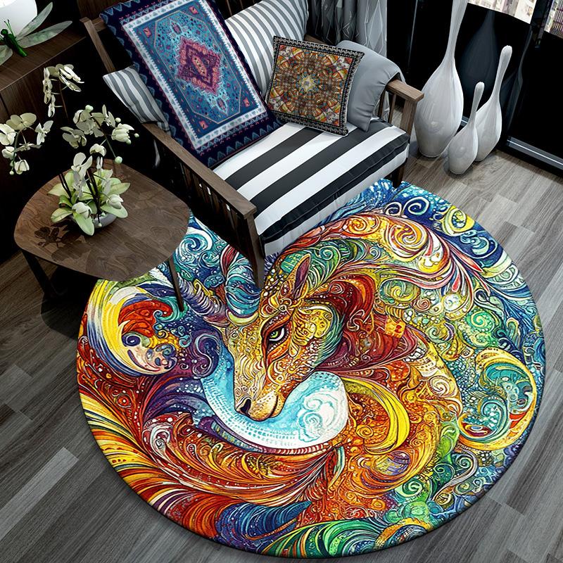 Abstract Goat and Lion Round Area Rug,Carpet Rug for Living Room Bedroom Sofa Playroom Decor,Non-slip Floor Mat