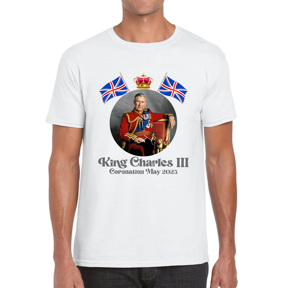 

King Charles III 6th May 2023 Coronation British Flags Royal Crown CR III Union Jack His Majesty Mens Tee Top S