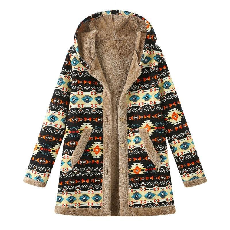 New Women's Printed Casual Printed Hooded Warm Plush Long Sleeve Jacket