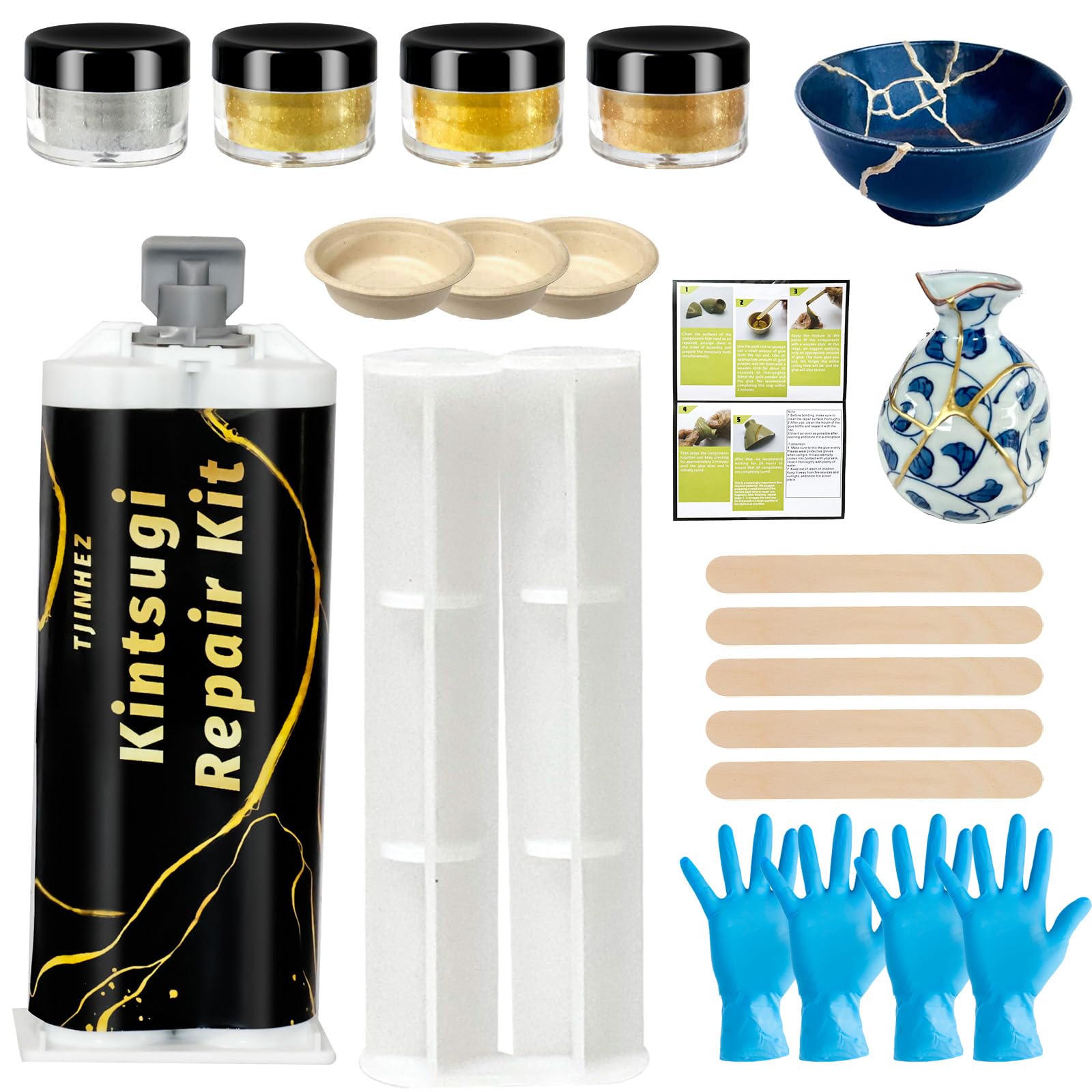 

Kintsugi Repair Kit - Food-Safe Japanese Art Craft Kit for Broken Pottery, Glass, Jade, and Sculptures - Ceramic Gold Glue & Kintsugi Glue for Porcela