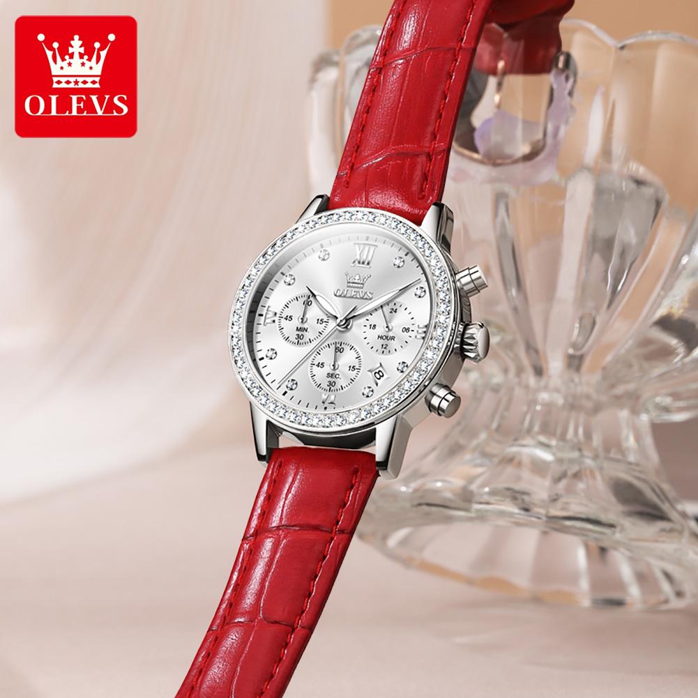 OLEVS 9933 Quarz-Armbanduhr für Damen Datum Wasserdicht Leuchtzeiger Lederarmband Chronograph Original Damen-Armbanduhr