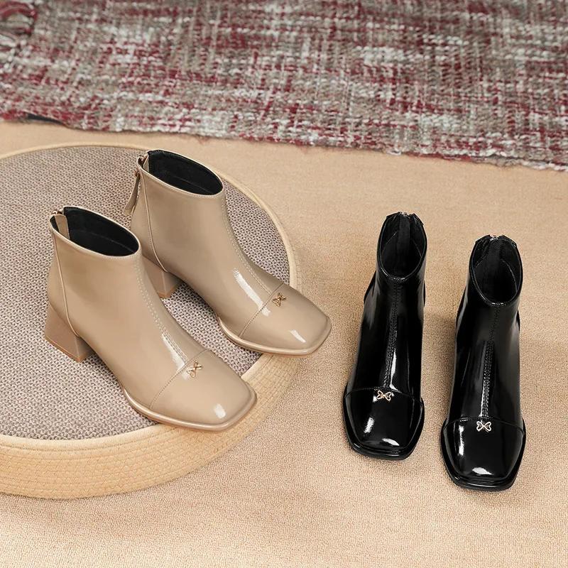 2024 Spring and Autumn Winter New Korean Fashion Short Boots Square Head Thick Heel Zipper Back Fashion Women's Boots
