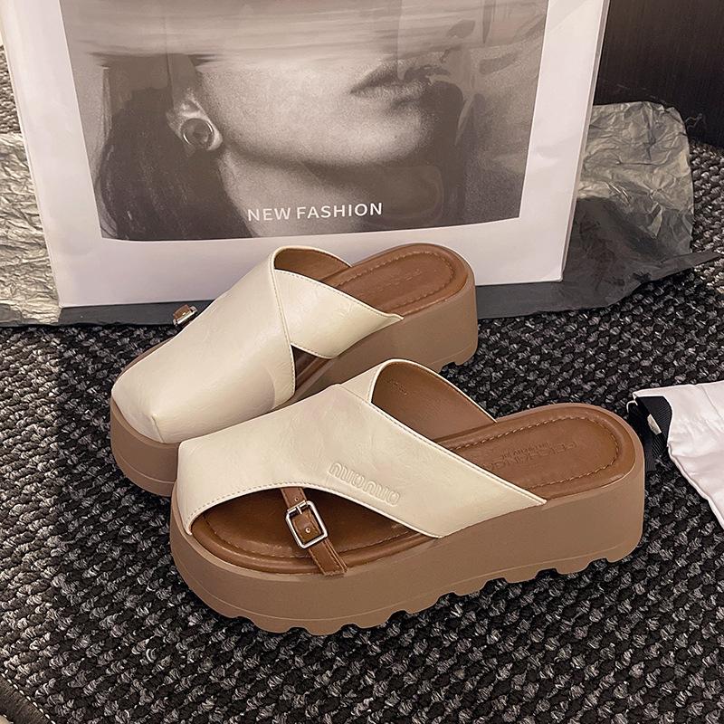 

Retro fashion bag head half slippers women s outer wear spring new muffin thick sole comfortable versatile lazy beach shoes 35 бежевий