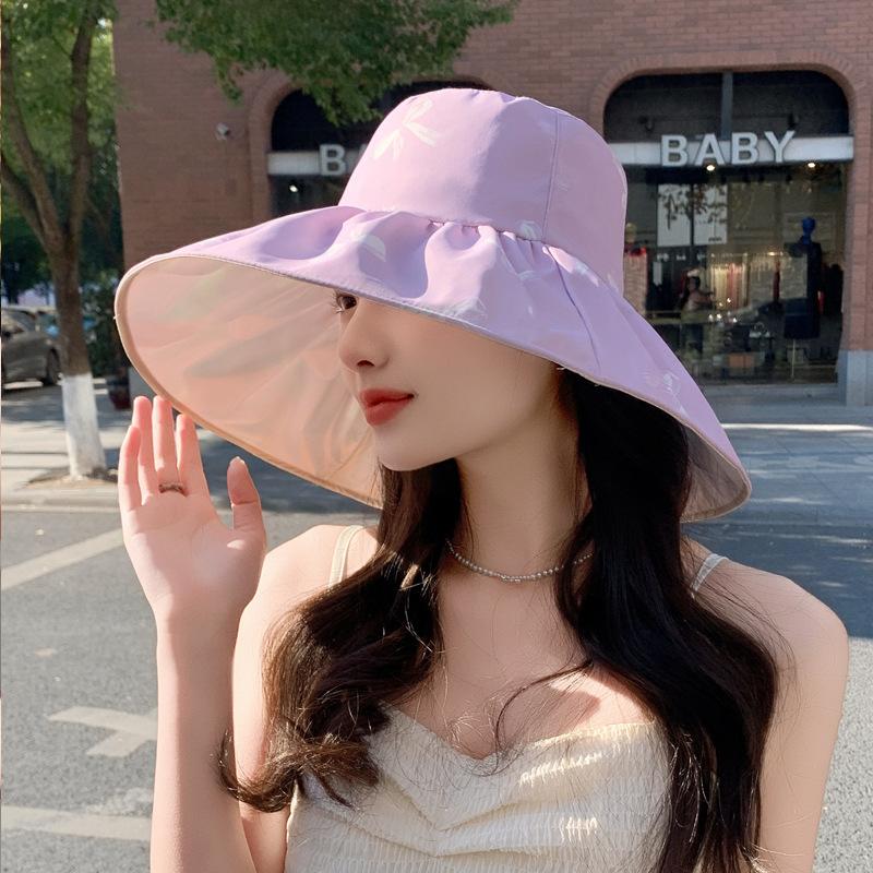 New big edge bucket hat women's summer sunscreen sun hat color glue face cover beach hat foldable bow