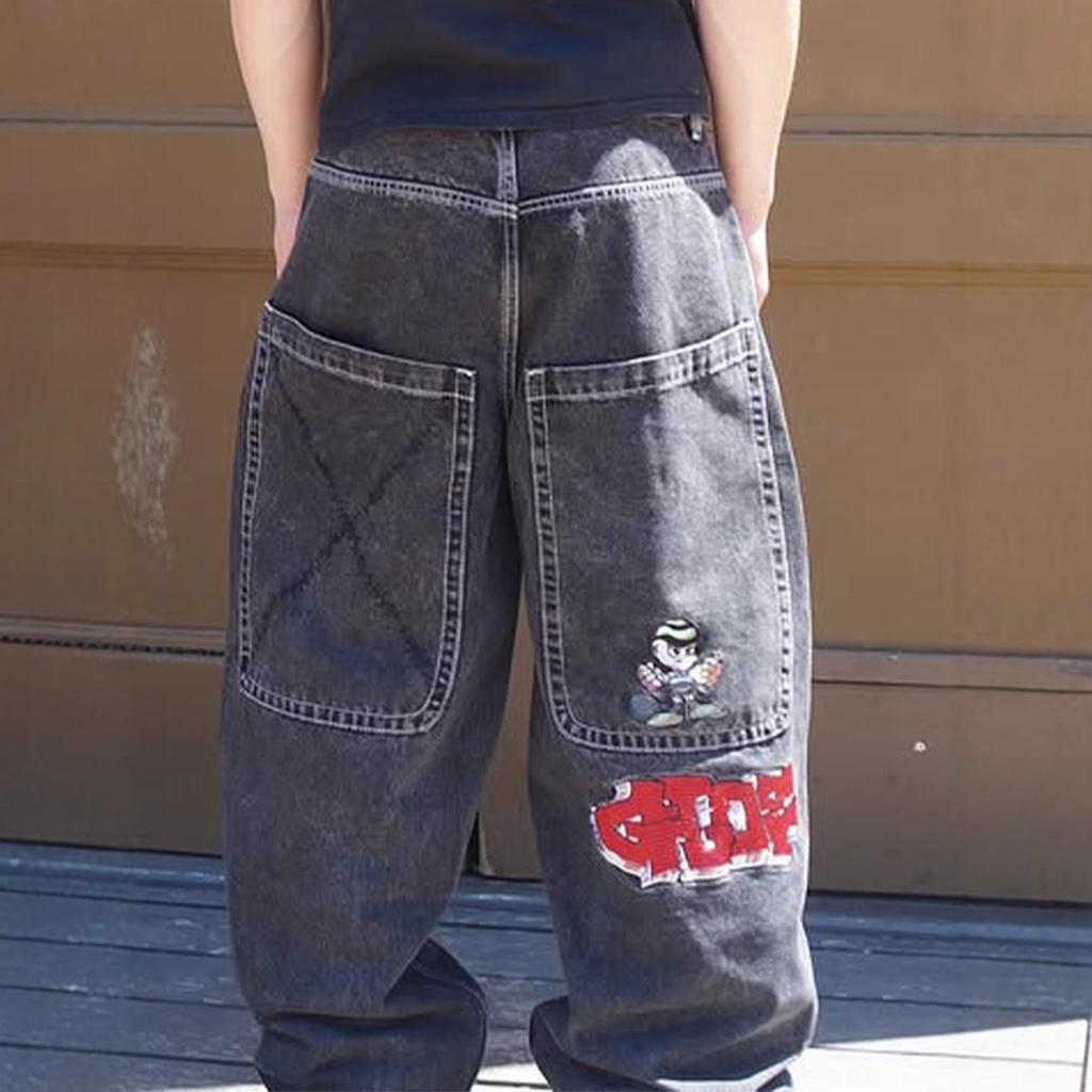 BeatStreet Men Fashion Hip Hop Retro Baggy Jeans Y2K Gothic Embroidery Punk Straight Wide-leg Denim Pants Gloe Gallery Street Jeans