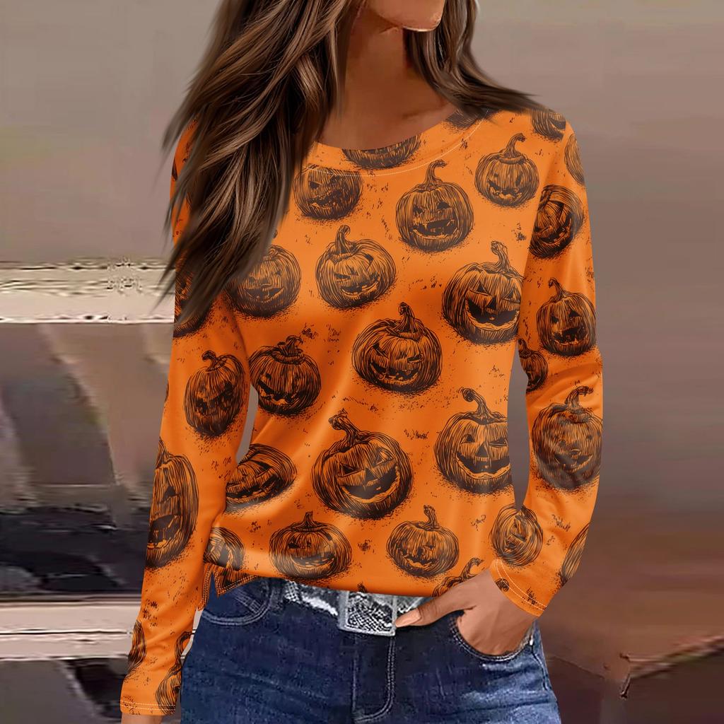 Women's Long Sleeve Halloween T-Shirt with Side Slits Neck Blouse