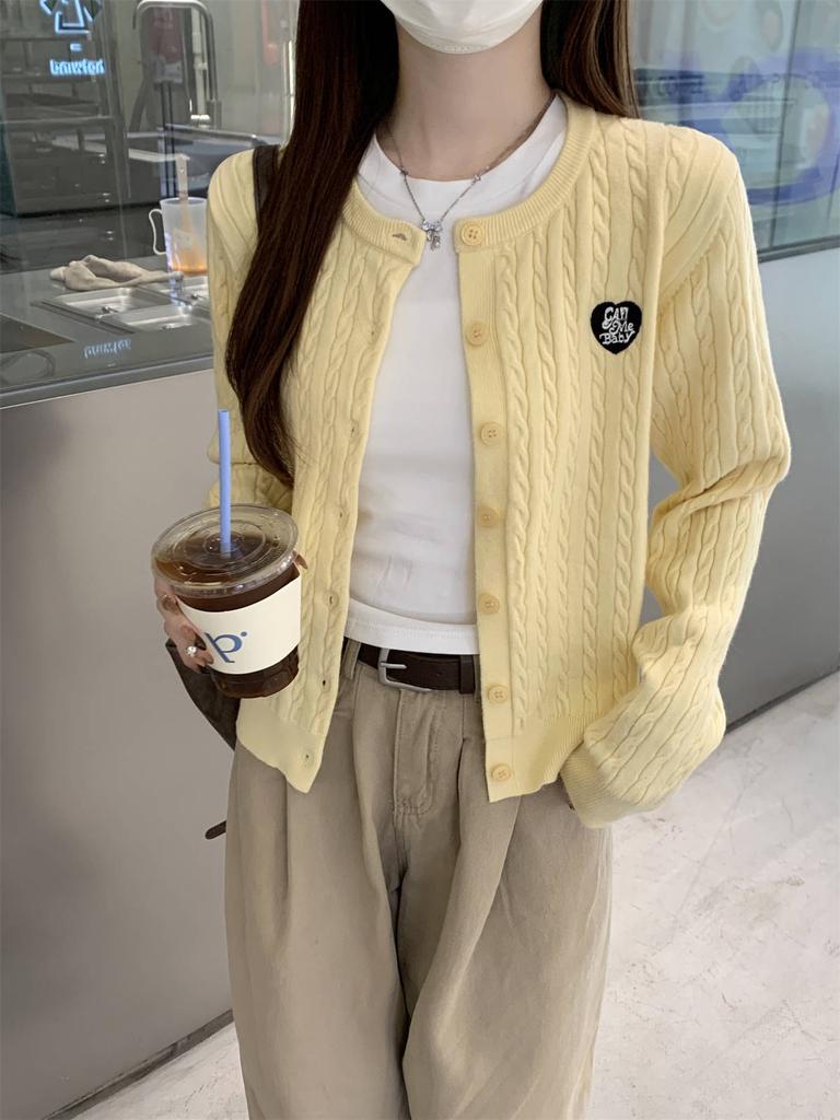 Navy Blue White Round Neck Twist Embroidered Knitted Sweater for Women's Spring and Autumn Small Design Sweater Jacket