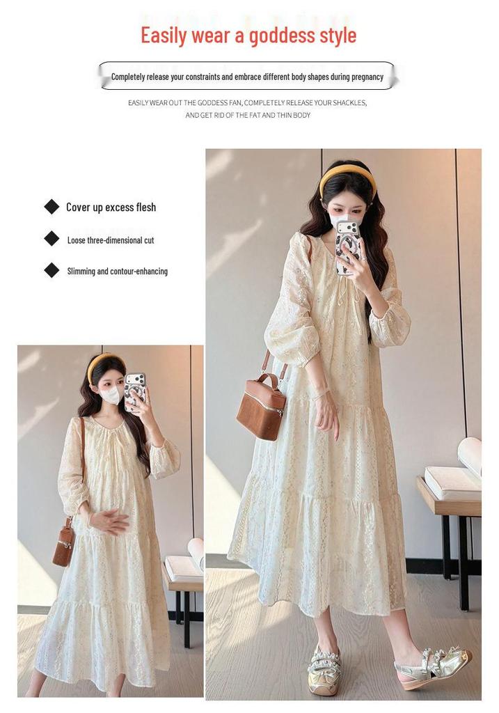 2026 Spring Fashionable Embroidered Korean-Style Sweet Maternity Long Dress