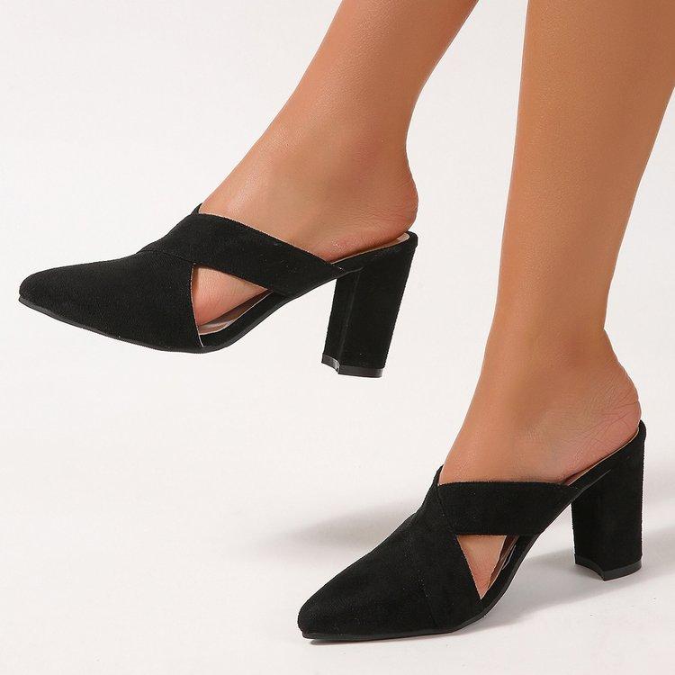 Fashion Summer New Baotou Slippers Women Fashion Pointy Deep Suede Hollow-out A Slip-on Wear Resistant Thick Heels