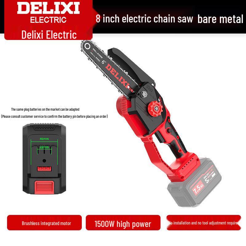 Delixi Cordless Brushless Electric Chainsaw: High-Power, Handheld Lithium Battery Saw for Home Tree Cutting.