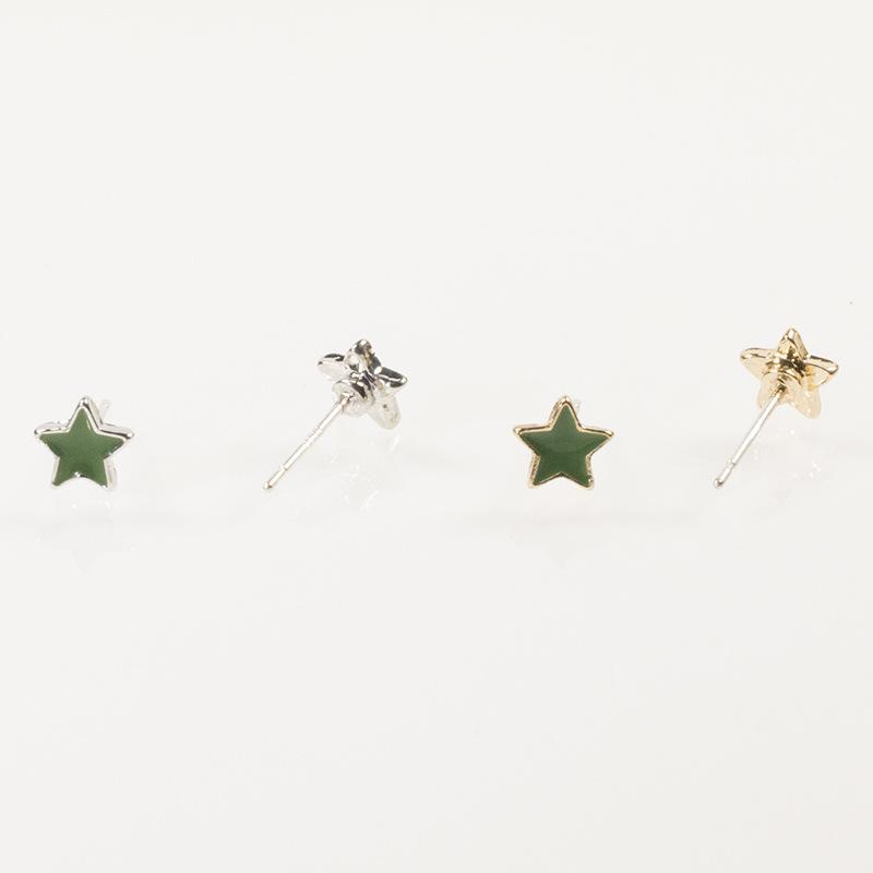 S925 Silver Needle Versatile Cute Lucky Little Star Stud Earrings Mini Pentagram Green Oil Drip Simple Earrings