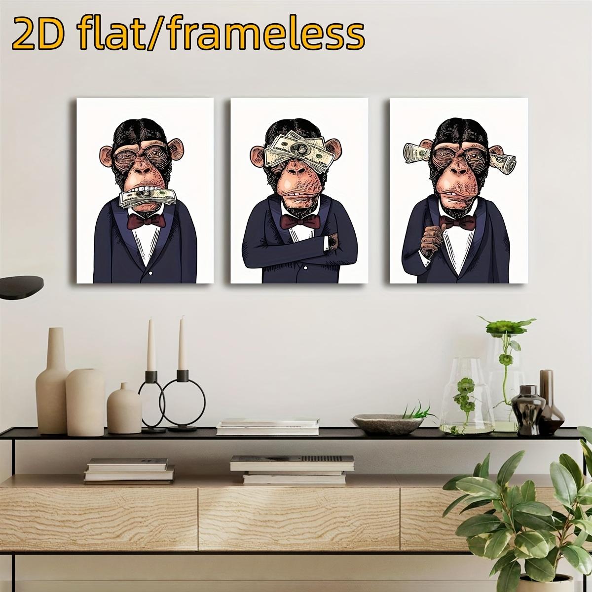 

3 monkey art wall decorations, animal themed ink art prints, 2D flat printing frameless paintings for office, living room, bedro (as the picture,20x30cm-3pcs)