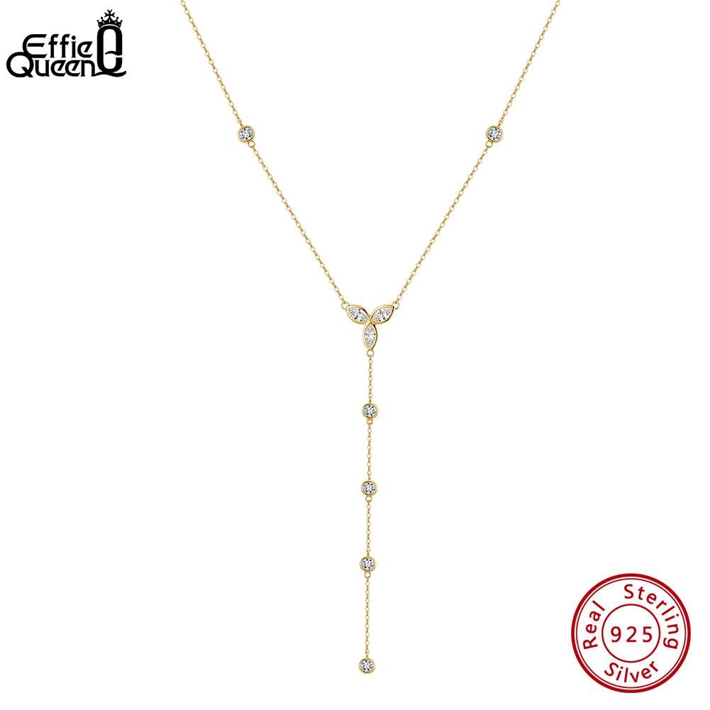 EFFIE QUEEN 925 Pure Silver Cubic Zircon Y-shaped Necklace Wedding Shiny 5A CZ Long Pendant Line Chain Y Drop Necklace BQN38