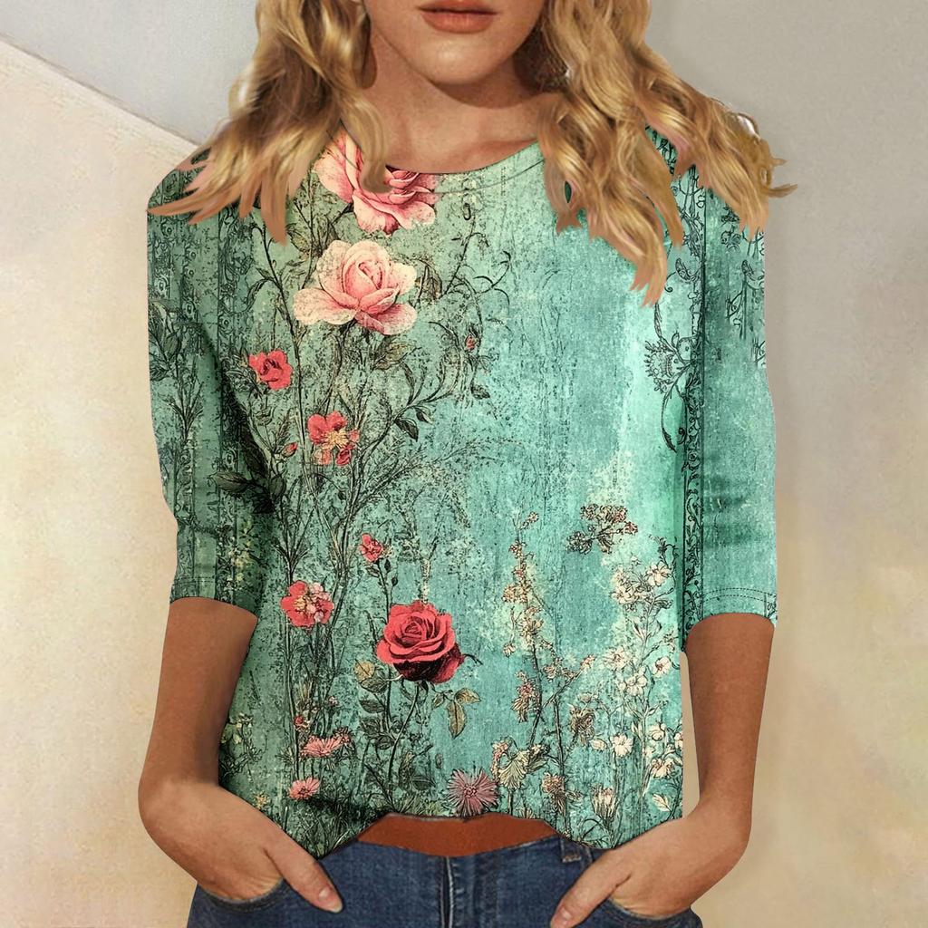 Modisches, lässiges Oberteil mit Dreiviertelärmeln und Blumendruck für Damen