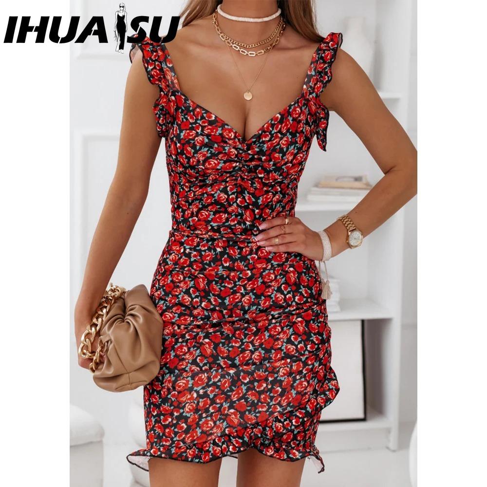 IHUASU Summer Women Floral Print Butterfly Sleeve Bodycon Dress Ruffle V Neck Bandage Casual Short Sundress Female Beach Spaghetti Strap Mini Dress