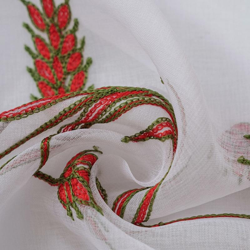 Rod Pocket Design Semi Sheer Curtain Easy Installation Wheat Embroidered Voile Drape Light Filtering for Home Decors