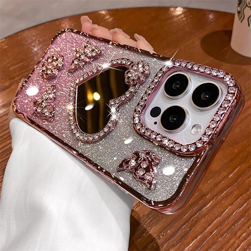 

М яка силіконова прозора накладка з блискучим діамантом і серцем для макіяжу для iPhone 16 Pro Max 15 11 12 13 14 Plus Butterfly iPhone 16 рожевий