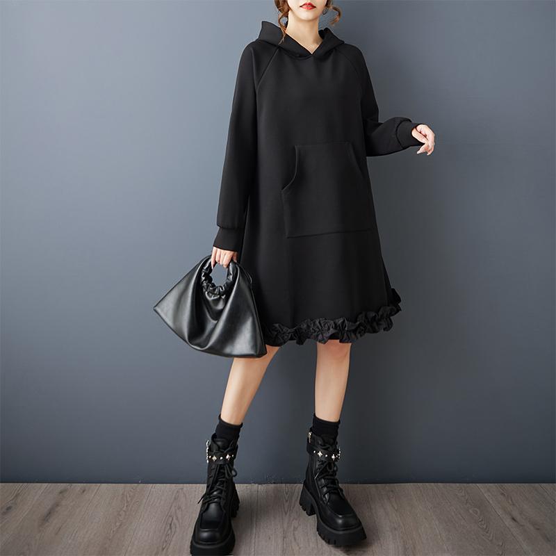 DIMANAF 2025 Women Plus Size Autumn Shirt Dress Long Sleeve Hooded Loose Casual Oversize Vintage Dress Black
