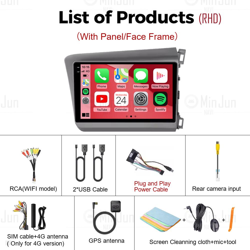 For Honda Civic RHD 2012 3013 2014 2015 Android 14 Car Stereo Radio 4G+Auto Multimedia Carplay Player Navigation GPS Audio DSP