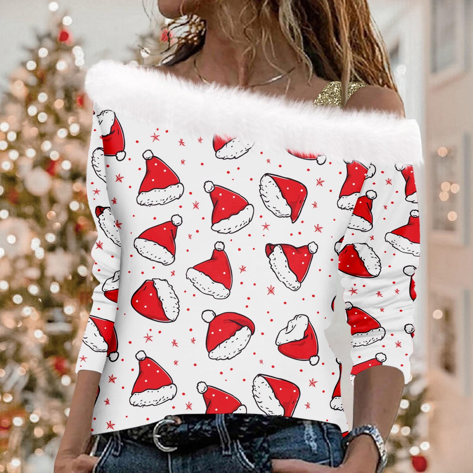 

Женский и зимний пуловер с длинными рукавами и одним плечевым ремнем с рождественским принтом S