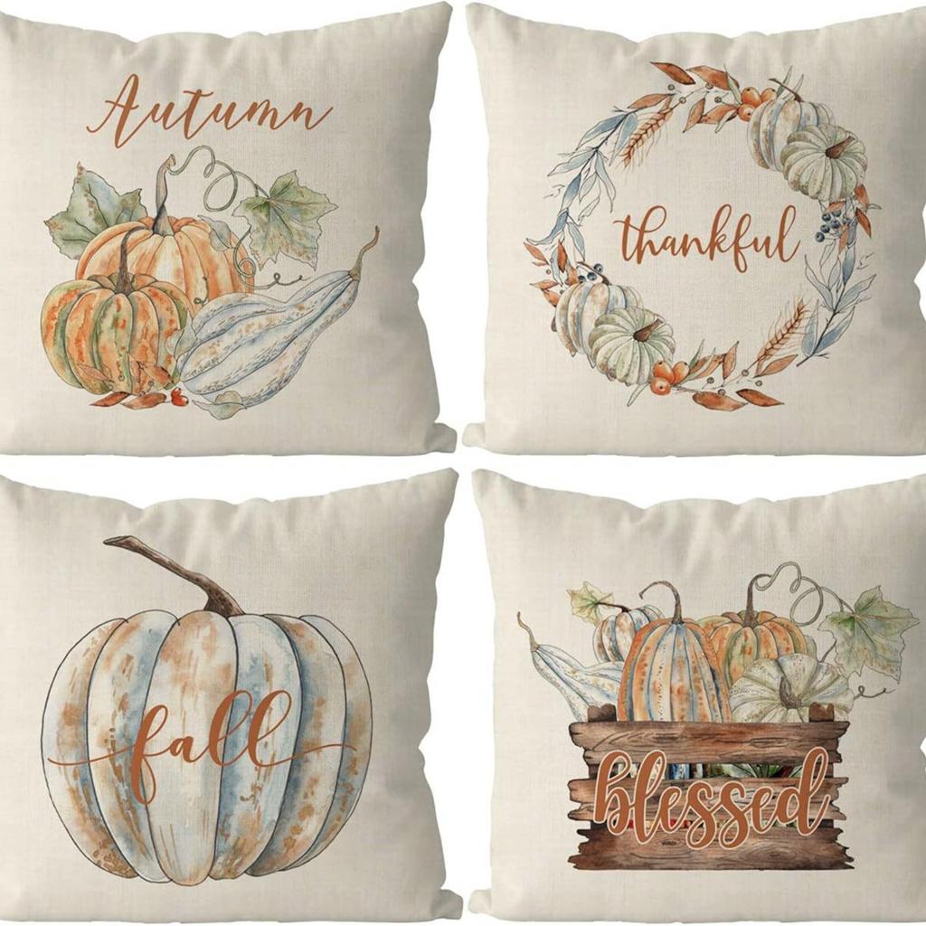 Nordic Fashion Square Linen Pillowcase Thanksgiving Design Autumn Harvest Cartoon Pumpkin Print Cushion Pillowcase