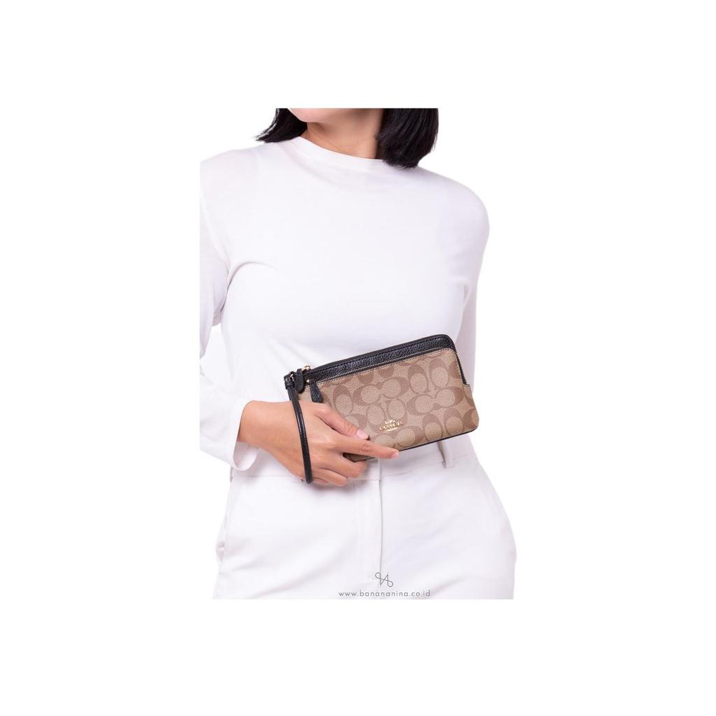 New COACH Corner Zip Leather Clutch Card Holder, Wallet Wrist Bag Regular Women's Brown & Black C5576-IMCBI